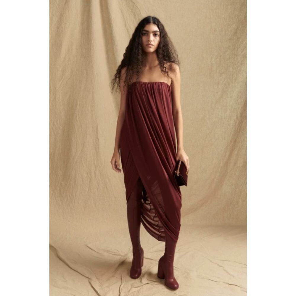 Burberry Burgundy Strapless Draped Midi Dress